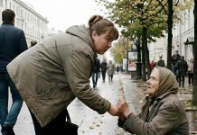 Žena je svakog dana ostavljala malo sitnine starici, ali jednog dana, dok se saginjala da joj baci novčić, starica joj je uhvatila ruku i rekla: „Učinili ste mi toliko dobra… nemojte danas ići kući.“