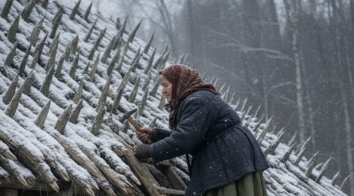 Starija žena je tokom celog leta i jeseni postavljala oštre drvene kolce na krov svoje kuće. Komšije su se smeškale — sve dok nije stigla zima.