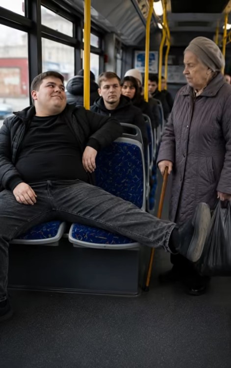U autobusu, arogantni mladić ne samo da je odbio da ustupi svoje mjesto starijoj ženi, već je i demonstrativno stavio nogu na sjedalo – ali definitivno nije očekivao ovakvu kaznu 😨😱 - featured image